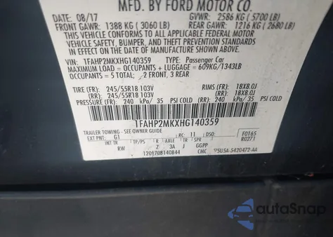 2017 Ford Taurus z USA, uszkodzony, nr VIN 1FAHP2MKXHG140359